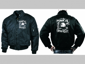 Punk is Protest čierna zimná letecká bunda BOMBER Winter Jacket s límcom, typ CWU z pevného materiálu s masívnym zipsom na zapínanie 100% nylón